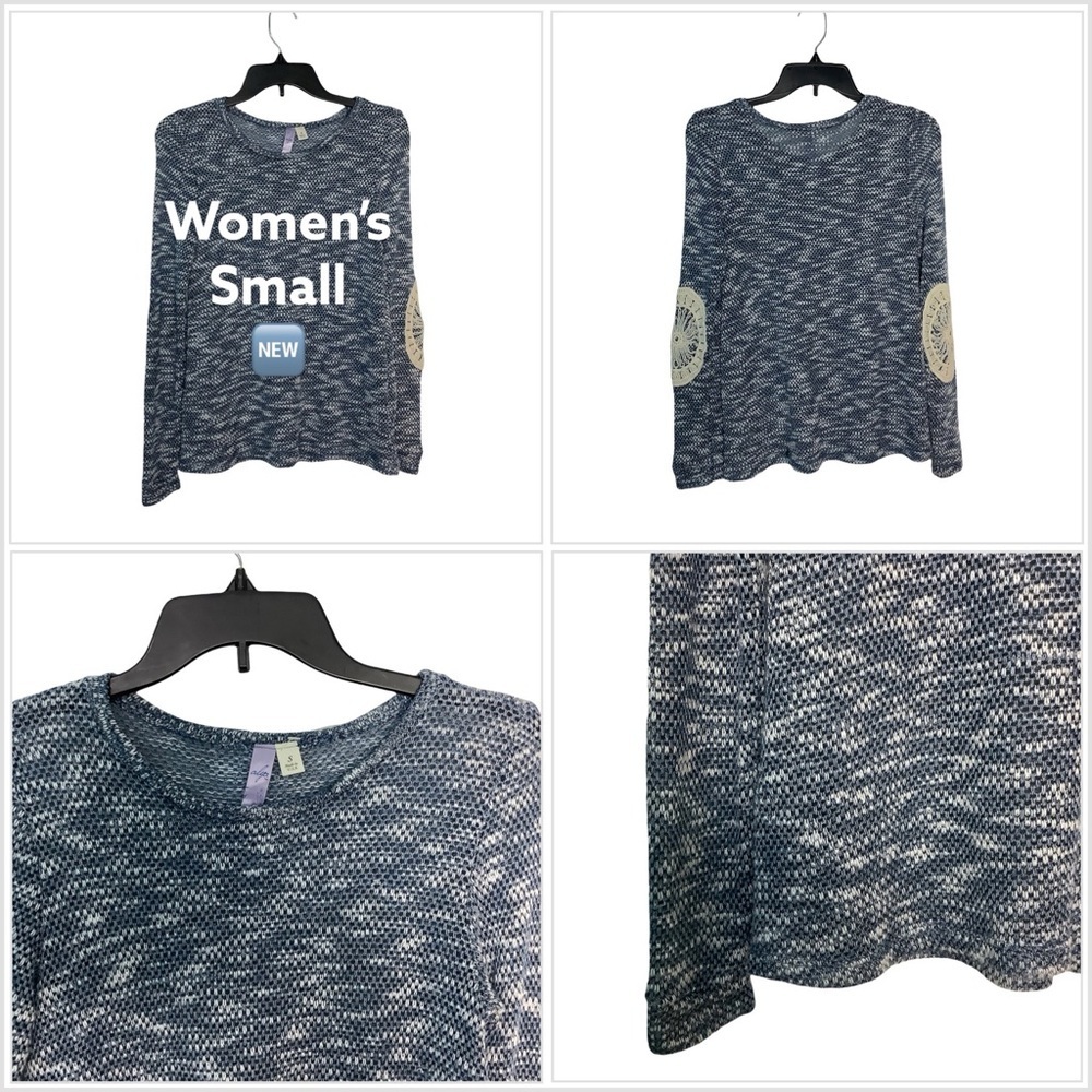 Women's ALYA S Small 4 - 6 Crewneck Knit Sweater Blue Long Sleeve Lace Elbow Pad